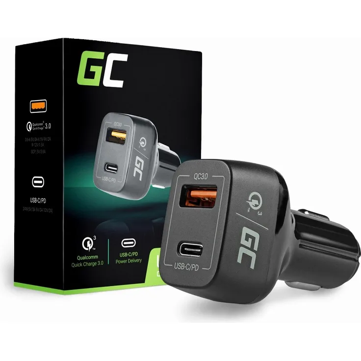 Green Cell Car Charger 1x USB-C Power Delivery, 1x USB 3.0 Quick Charge, 12 V, schwarz, Kfz-Ladeadapter, schwarz