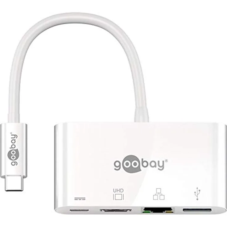 Goobay 62105 USB-C Multiport-Adapter HDMI + Ethernet, Power Delivery, Weiß, Erweitert ein USB-C Gerät um einen Ethernet, Einen HDMI- und einen USB 3.0-Anschluss