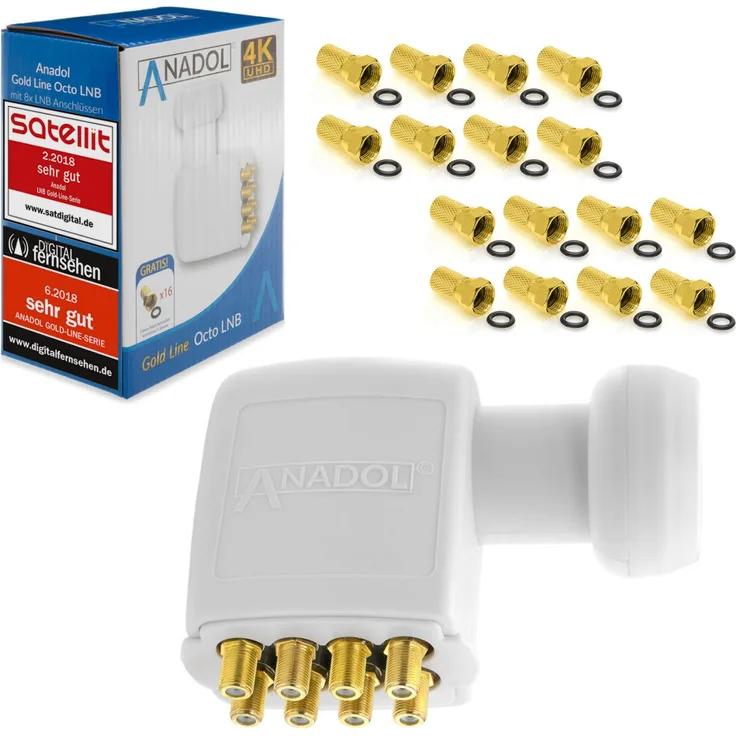 Anadol Gold Line OCTO LNB 4K LNC 8 Teilnehmer 0.1dB Direkt 8fach FULL HD TV 3D 4K + Kontakte vergoldet + Wetterschutz (ausziehbar) im SET mit 16 F-Stecker vergoldet 