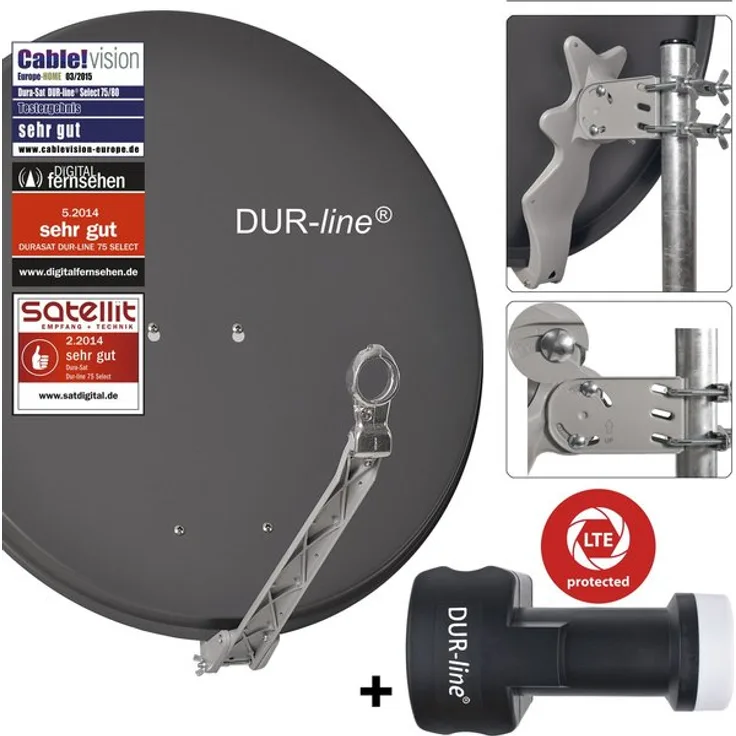 DUR-line 8 Teilnehmer Set - Qualitäts-Alu-Satelliten-Komplettanlage - Select 75/80cm Spiegel/Schüssel Anthrazit + Octo LNB - für 8 Receiver/TV [Neuste Technik, DVB-S2, 4K, 3D]