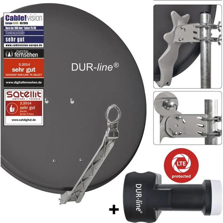 DUR-line 8 Teilnehmer Set - Qualitäts-Alu-Satelliten-Komplettanlage - Select 75/80cm Spiegel/Schüssel Anthrazit + Octo LNB - für 8 Receiver/TV [Neuste Technik, DVB-S2, 4K, 3D] – Bild 1