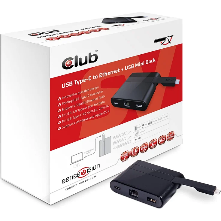 Club 3D CSV-1530 Adapter, USB 3.0 Typ C auf LAN-USB 3-USB-C MiniDock schwarz – Bild 2