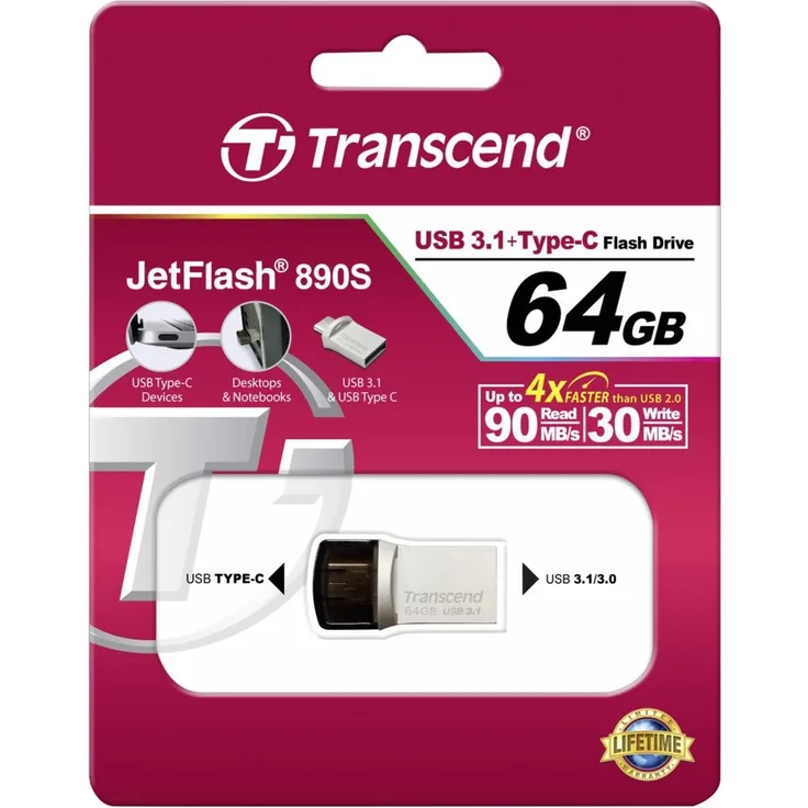 Transcend JetFlash 890 64GB USB Type-C zu USB 3.1 Gen 1 Dual Connector USB OTG Flash Drive für Android TS64GJF890S