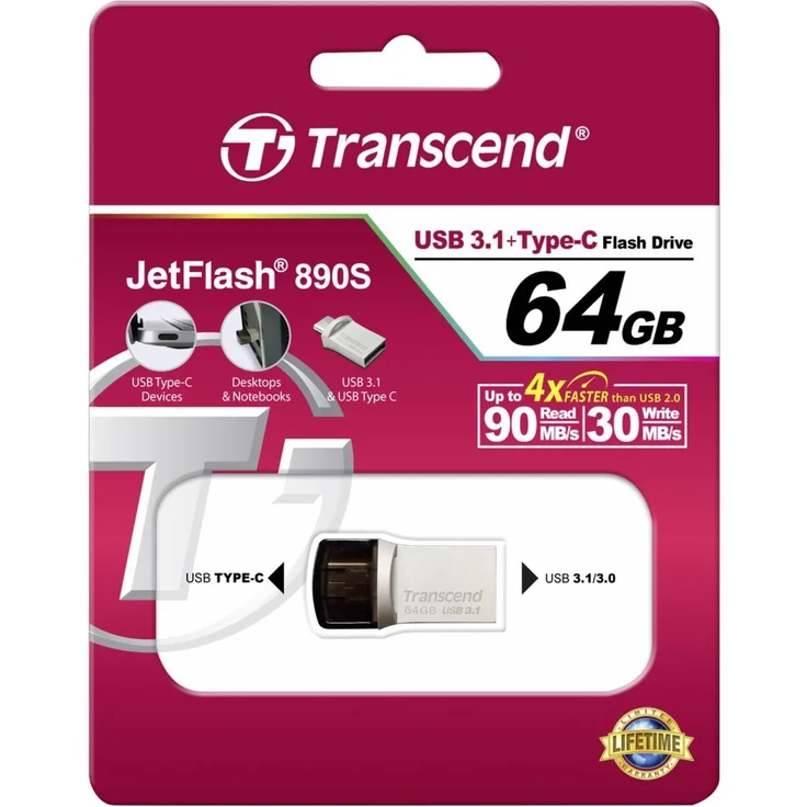 Transcend JetFlash 890 64GB USB Type-C zu USB 3.1 Gen 1 Dual Connector USB OTG Flash Drive für Android TS64GJF890S – Bild 1