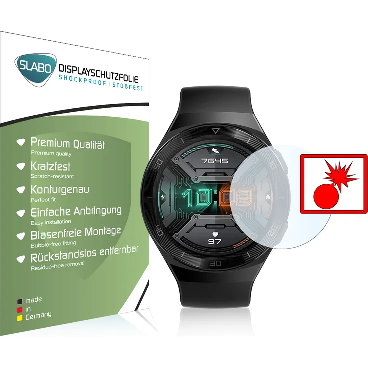 2x Slabo Panzerschutzfolie für Huawei Watch GT 2e KLAR "Shockproof" (verkleinerte Folien) Displayfolie Schutzfolie Folie