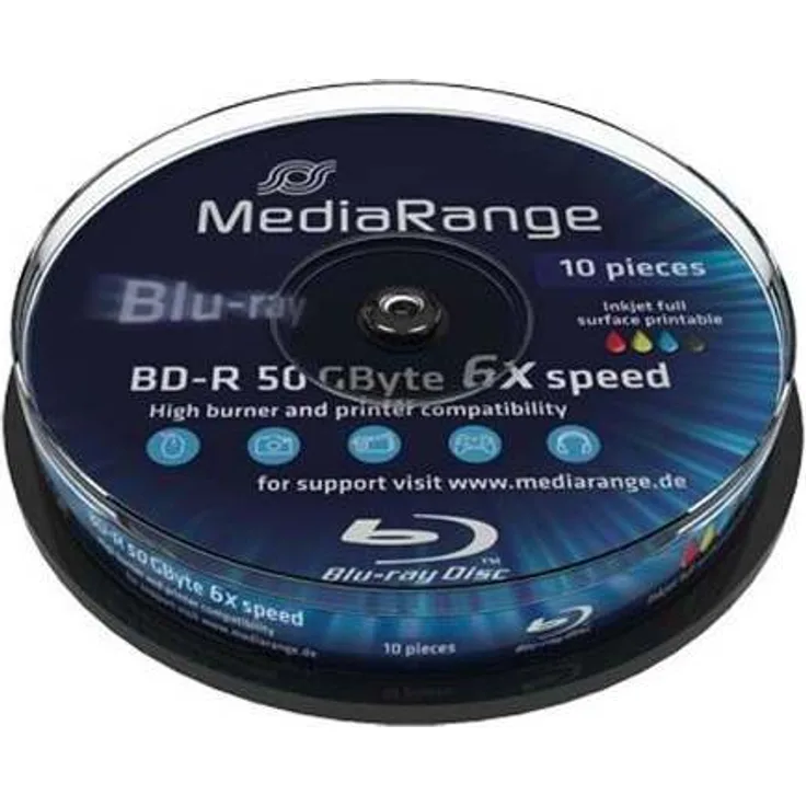 MediaRange MR509 BD-R Dual Layer 50GB 6-fache Schreibgeschwindigkeit, vollflächig bedruckbar, 10er Cakebox