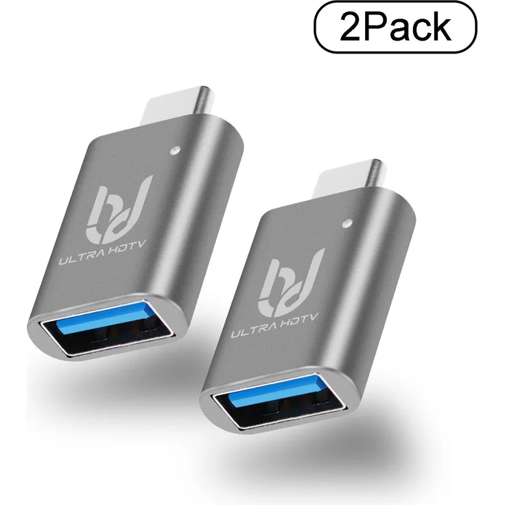 Ultra HDTV 2er-Pack USB-C auf USB 3.0 A Adapter mit OTG, blaue LED-Beleuchtung, geeignet für Typ-C Geräte wie z.B. Samsung Galaxy S8/S9, Apple MacBook, Chromebook, Adapter, grau