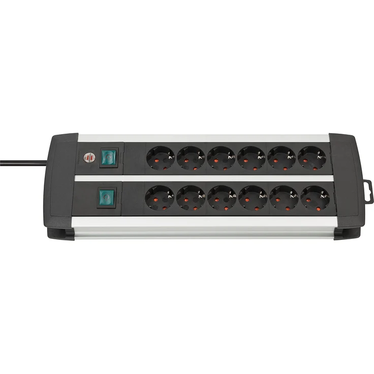 Brennenstuhl Premium-Alu-Line, Steckdosenleiste 12-fach - Steckerleiste aus hochwertigem Aluminium (mit 2 Schaltern für je 6 Steckdosen und 3m Kabel, Made in Germany) silber-schwarz – Bild 1
