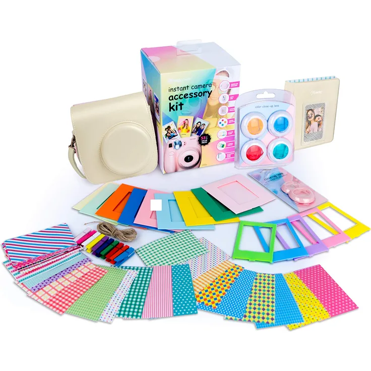 digipower 53-teiliges Zubehör-Set für Sofortbildkamera Fujifilm Instax Mini 9/8/8+/7s mit Kameratasche, Selfie-Linse, Fotoalbum, 4 Farbfilter, Bilderrahmen, Hängebilderrahmen & Folienaufkleber, weiß