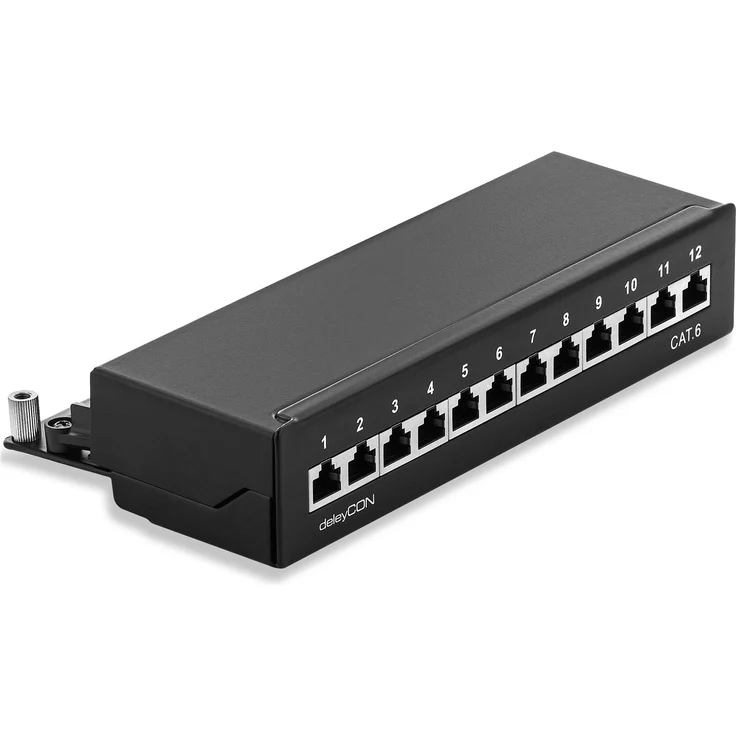 deleyCON CAT 6 Patchpanel Verteilerfeld 12 Port - Desktop / Wandmontage - geschirmt - 12x RJ45 Buchse - TIA568A / TIA568B - Schwarz – Bild 1