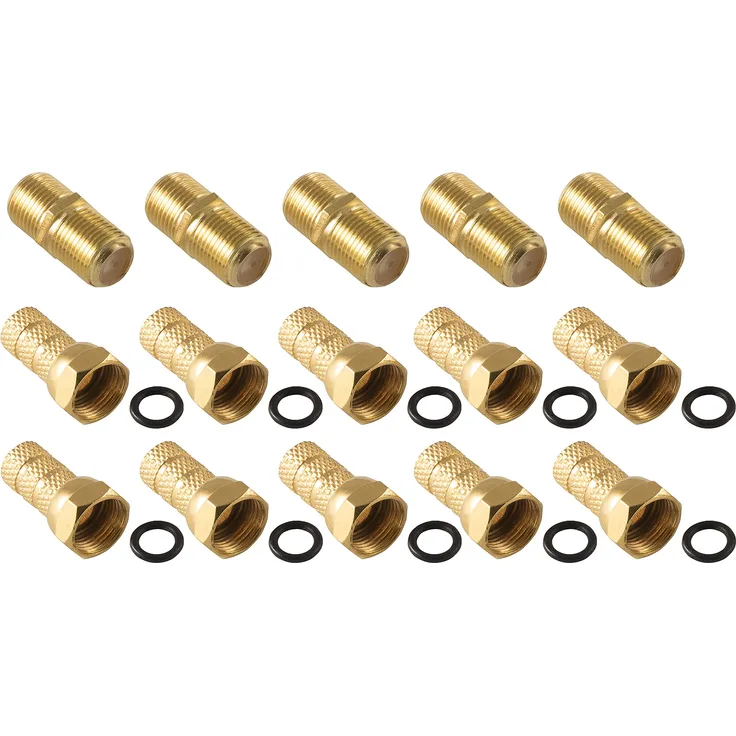 Poppstar Coax Set 5x F-Verbinder, 10x F-Stecker mit Gummidichtring für SAT-Kabel (bis 7mm), für Koaxial Kabel und Verlängerung, vergoldete Kontakte