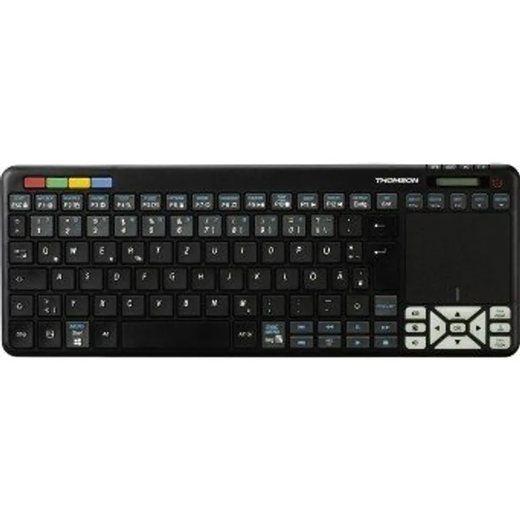 Thomson Funk-Tastatur für Sony Smart-TV mit 4in1 Universal-Fernbedienung (für TV-STB-Audio-PC, inkl. Touchpad-Maus, QWERTZ, beleuchtet, Multimedia-Tasten, lernfähig, wireless, 2,4GHz) schwarz