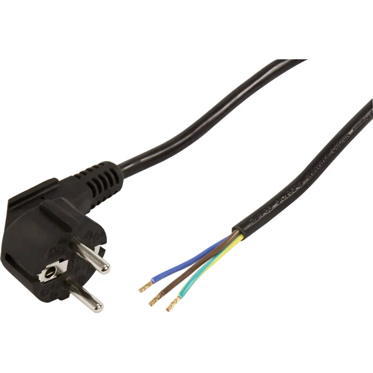 MC POWER - Schutzkontakt Netzkabel | blanken Enden, 3X 0,75mm², schwarz (5m, gewinkelter Schutzkontaktstecker)