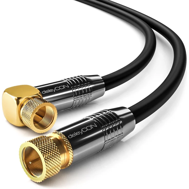 deleyCON 3m SAT Antennenkabel PREMIUM HDTV Satellitenkabel gewinkelt Koaxialkabel - F-Stecker (90° Grad) zu F-Stecker - Schwarz - METALL vergoldet – Bild 1