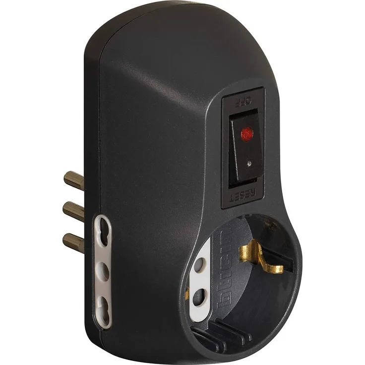 Bticino Safe-Adapterstecker, mit 1 Deutschen Standardbuchse, 2 10 A-Buchsen und beleuchtetem Sicherheitsschalter