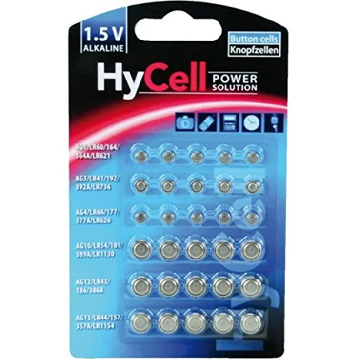 HyCell 30 x Knopfzellen-Sparset Alkaline - Je 5x LR621 LR736 LR626 LR1130 386A. LR1154 - Ideal für Autoschlüssel TAN-Gerät Kinderspielzeug Uhren Fernbedienung etc.
