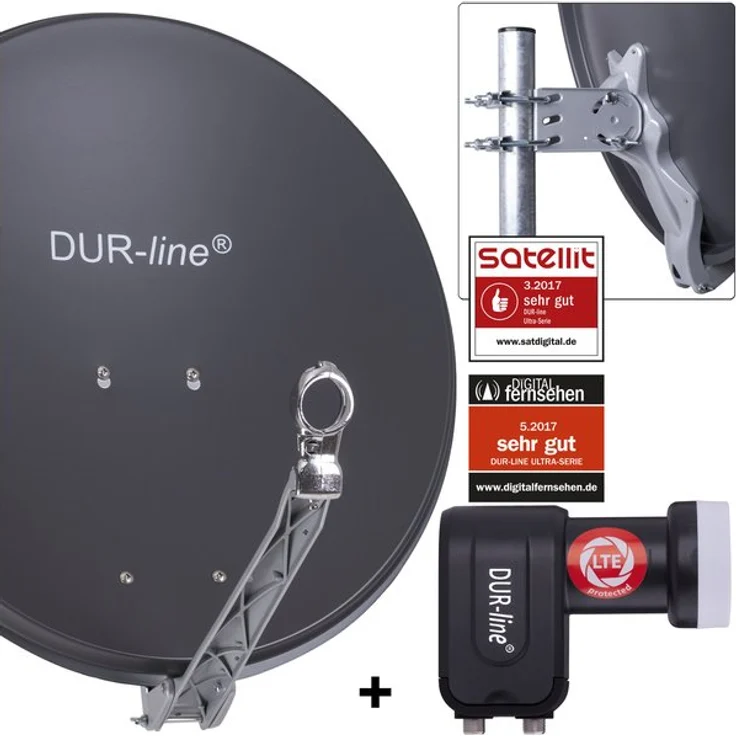 DUR-line 2 Teilnehmer Set - Qualitäts-Alu-Satelliten-Komplettanlage - Select 60/65cm Spiegel/Schüssel Anthrazit + Twin LNB - für 2 Receiver/TV [Neuste Technik, DVB-S2, 4K, 3D] – Bild 1