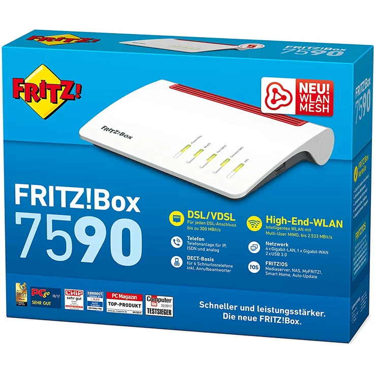 AVM FRITZ!Box 7590 WLAN AC+N Router (DSL-VDSL,1.733 Mbit/s (5GHz) & 800 Mbit/s (2,4 GHz), bis zu 300 Mbit/s mit VDSL-Supervectoring 35b, WLAN Mesh, DECT-Basis, Media Server, geeignet für Deutschland) – Bild 3
