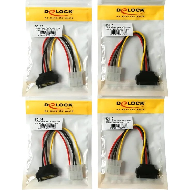 4er Sparpack Stromkabel Original Delock SATA 15Pin -> Molex 4Pin Stecker/Buchse