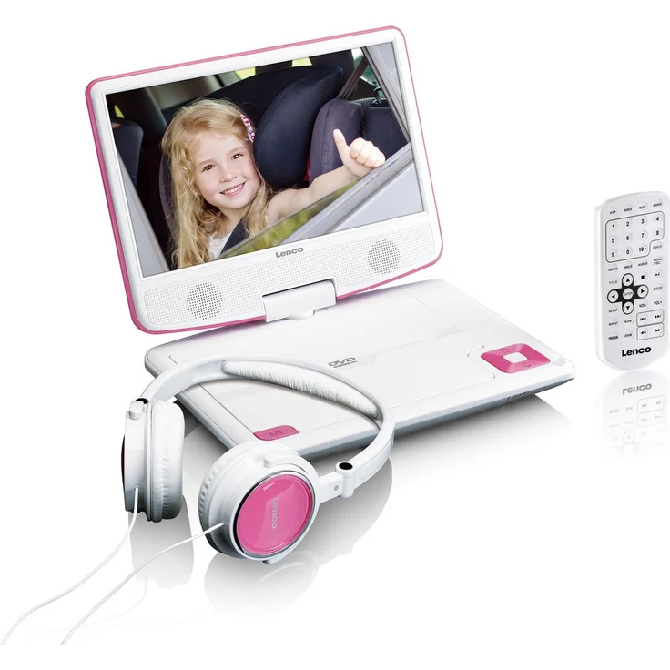 Lenco tragbarer DVD-Player DVP-910 9 Zoll (22,5 cm) mit drehbarem Display und Integriertem Akku (USB, AV-Ausgang), Netzadapter, Kopfhörer, weiß/pink – Bild 1