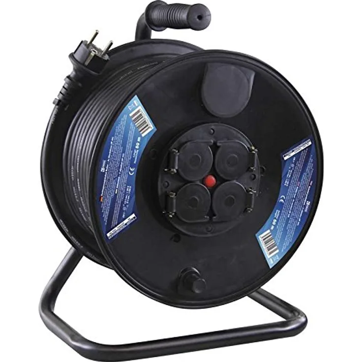EMOS P08250 Profi-Kabeltrommel, 50m Kabel mit 4 Schuko Steckdosen, 1,5 mm2 Gummi, IP44, für Außenbereich, 50 Meter