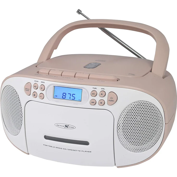 Reflexion CD-Player mit Kassette und Radio für Netz- und Batteriebetrieb (PLL UKW-Radio, LCD-Display, AUX-Eingang, Kopfhörer-Anschluss), weiß/rosa – Bild 1