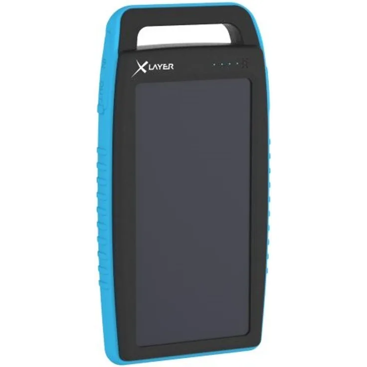 Xlayer Powerbank Plus Solar, Externer Akku für Smartphone und Tablet, mit integrierter Taschenlampe, optimal geeignet für Outdoor, Schwarz-Blau (15.000 mAh)