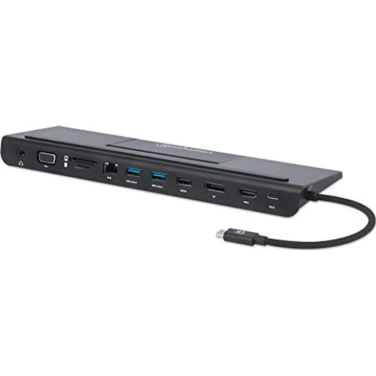 Manhattan 153478 USB-C 11-in-1-Dockingstation, USB 3.2 Typ C-Stecker auf HDMI-, DisplayPort- und VGA-Buchse, USB 3.2 Gen 1 Typ-A-Ports, USB 2.0 Typ-A-Port, USB-C-PD-Port, Gigabit-RJ45-Port, grau