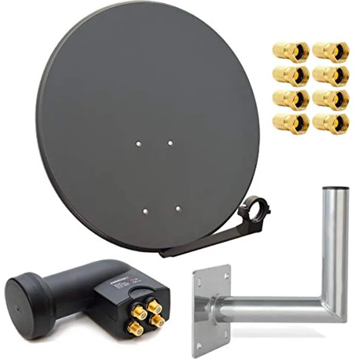 Digital SAT Anlage 80cm Stahl Antenne Schüssel Spiegel Quad LNB Wandhalter 4K