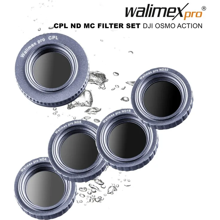 Walimex pro Filter 5er Set für DJI OSMO Action CPL-ND MC - Kit aus ND4 ND8 ND16 ND32 & Polfilter Glas 16x mehrschichtvergütet kratzresistent ölbeständig wasserresistent Alurahmen DJI OSMO Action Cam