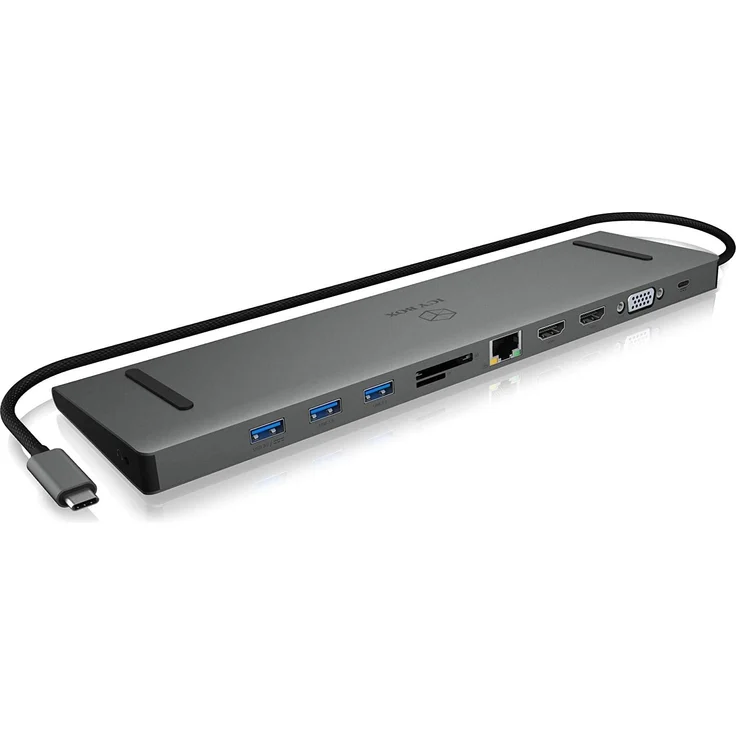 ICY BOX USB-C Docking Station für Windows, 2x HDMI, LAN, Power Delivery, USB 3.0 Hub, Kartenleser, Audio, Aluminium, Grau – Bild 1