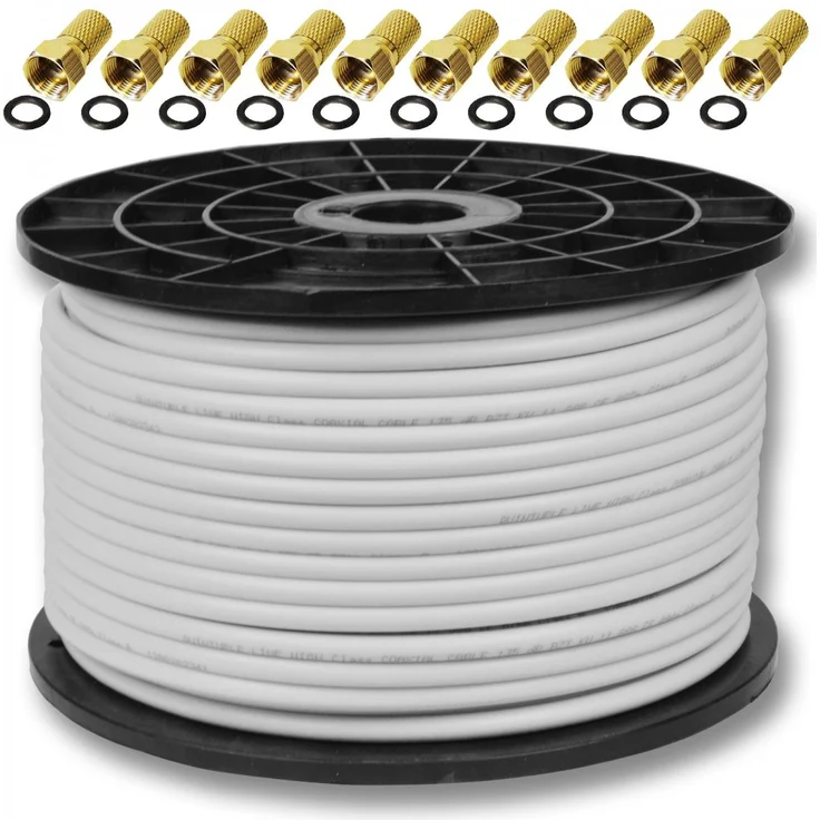 100m 135dB Sat Koaxialkabel Koax Kabel FullHD UltraHD 4K 4-fach geschirmt für DVB-S / S2 DVB-C und DVB-T BK Anlagen PremiumX mit 10 x F-Stecker Gratis – Bild 1