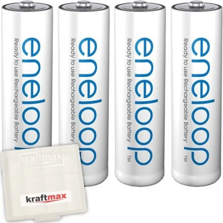 Kraftmax 4er Pack Panasonic Eneloop AA / Mignon Akkus Neueste Generation Hochleistungs Akku Batterien in Kraftmax Akkubox V5, 4er Pack