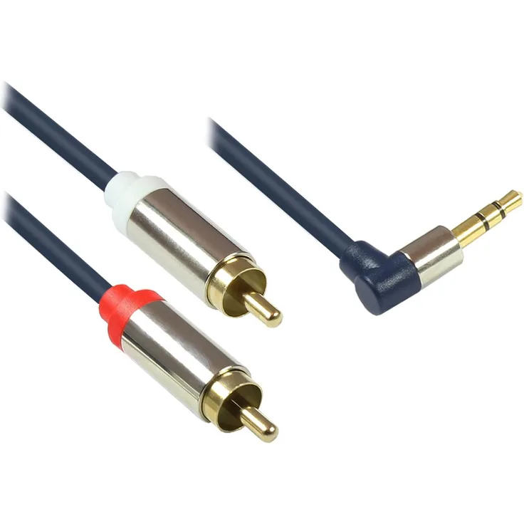 Good Connections GC-M0062 Audio Anschlusskabel High-Quality 3,5 mm, Klinkenstecker rechts abgewinkelt auf 2x RCA (Cinch) Stecker, OFC, Vollmetallgehäuse, 0,5m dunkel blau