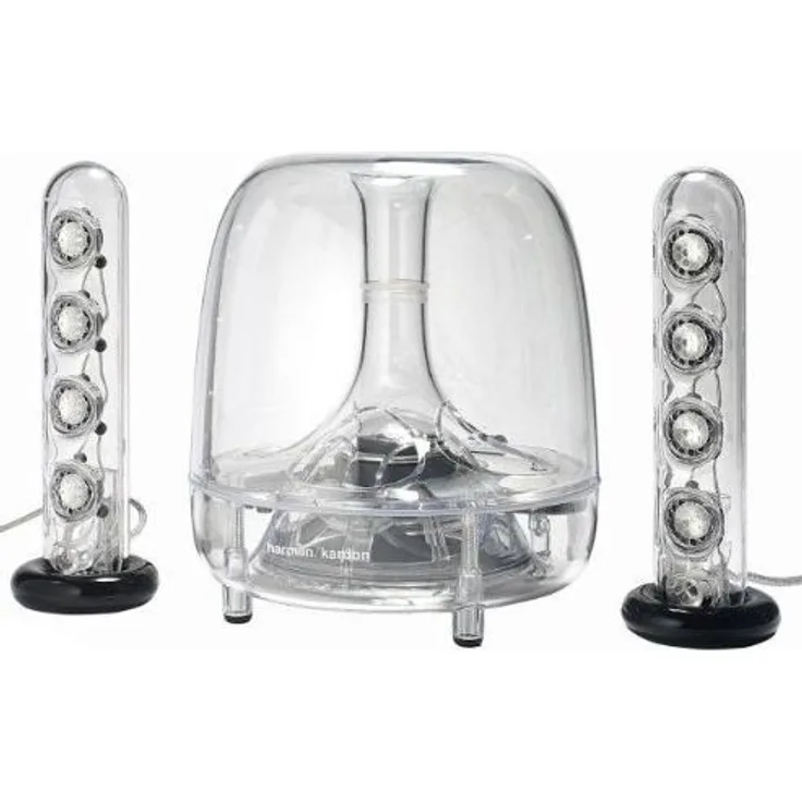 Harman-Kardon Soundsticks Wireless Bluetooth LED Desktop Lautsprechersystem (Zwei ''Sticks'' Satellitenlautsprechern, Aktivem Subwoofer, Kompatibel mit Apple iOS- Android-Windows Geräten) transparent