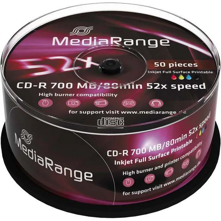 MediaRange MR208 Printable Cake 50 CD-R Rohlinge (52x Speed, 700MB, 80 Min)
