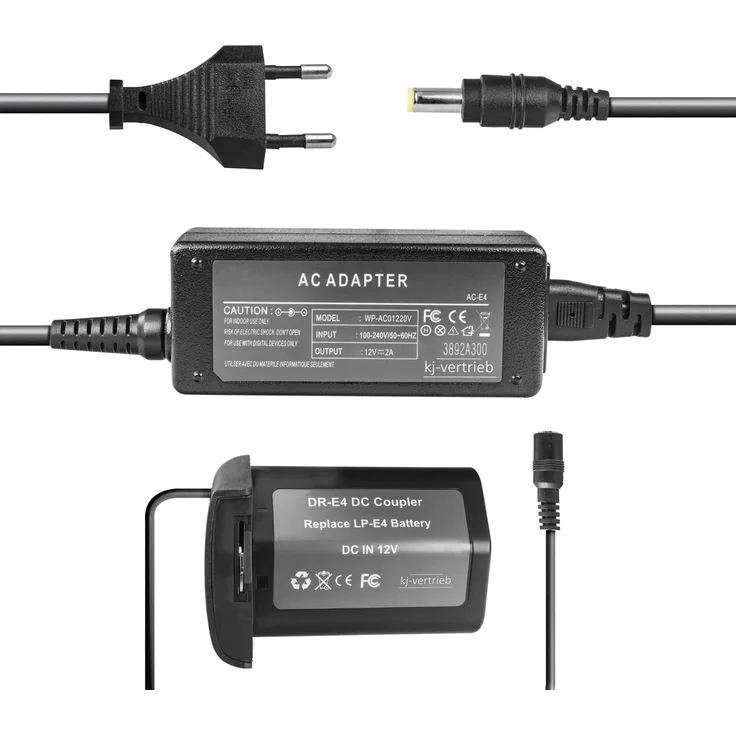kj-vertrieb Netzteil mit Akkuadapter für Canon EOS 1D X, 1D Mark IV, 1D Mark III, 1Ds Mark III - ersetzt ACK-E4 - 12V 2A