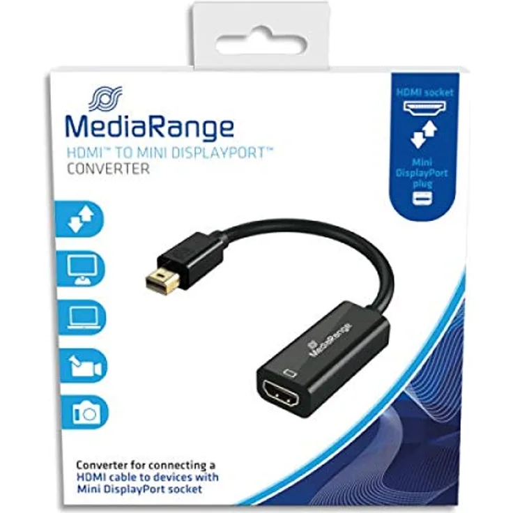 MediaRange HDMI High Speed auf Mini DisplayPort Konverter, vergoldete Kontakte, HDMI Buchse-Mini DP Stecker, 10 Gbit-s Datenübertragungsrate, 15cm, schwarz