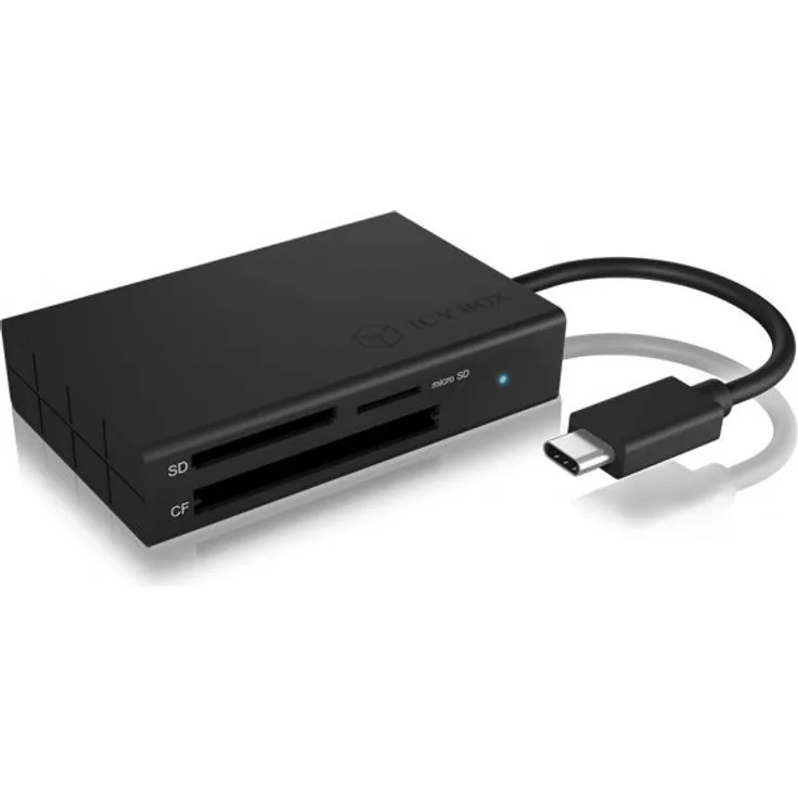 ICY BOX IB-CR401-C3 USB 3.0 Type-C Kartenleser für CF, SD und microSD Speicherkarten, SD 4.0-UHS-II, Aluminium, integriertes Kabel, schwarz