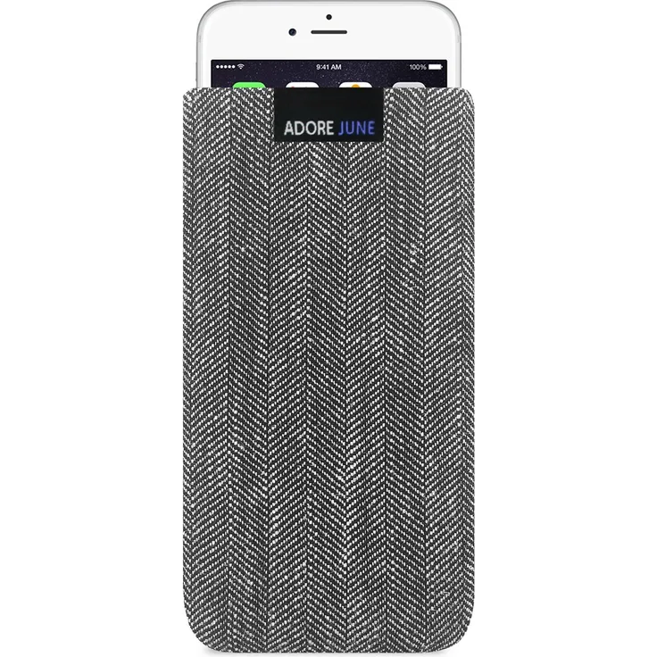 Adore June Business Tasche für Apple iPhone 7-6 - 6S Handytasche aus charakteristischem Fischgrat Stoff - Grau-Schwarz | Schutztasche Zubehör mit Display Reinigungs-Effekt | Made in Europe