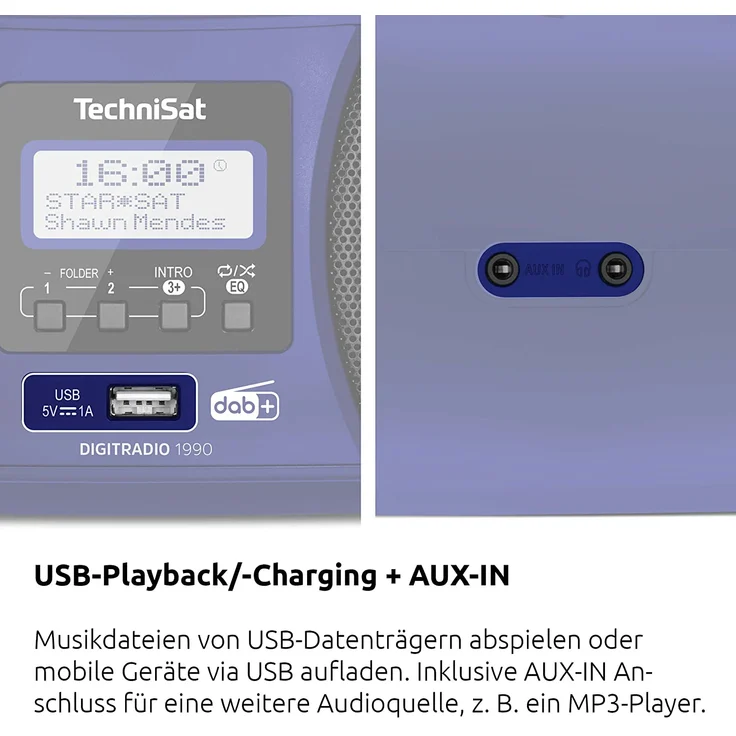 TechniSat DIGITRADIO 1990 - Stereo-Boombox mit DAB+/UKW-Radio und CD-Player (Bluetooth-Audiostreaming, Kopfhöreranschluss, USB, AUX in, Ladefunktion, Uhr, 2 x 1,5 Watt Ausgangsleistung) blau – Bild 6
