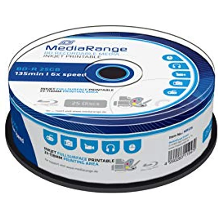 MediaRange BD-R 25GB 6-Fache Schreibgeschwindigkeit, Vollflächig bedruckbar, 25er Cakebox – Bild 1