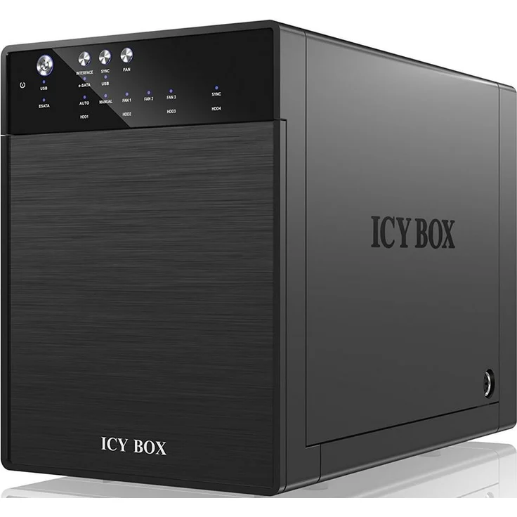 ICY BOX 4-fach Externes Festplattengehäuse für 3,5 Zoll SATA I,II,III Festplatten, USB 3.0 (UASP) & eSATA Anschluss, 80 mm Smart-Lüfter, JBOD (Single Modus), Standby, schwarz