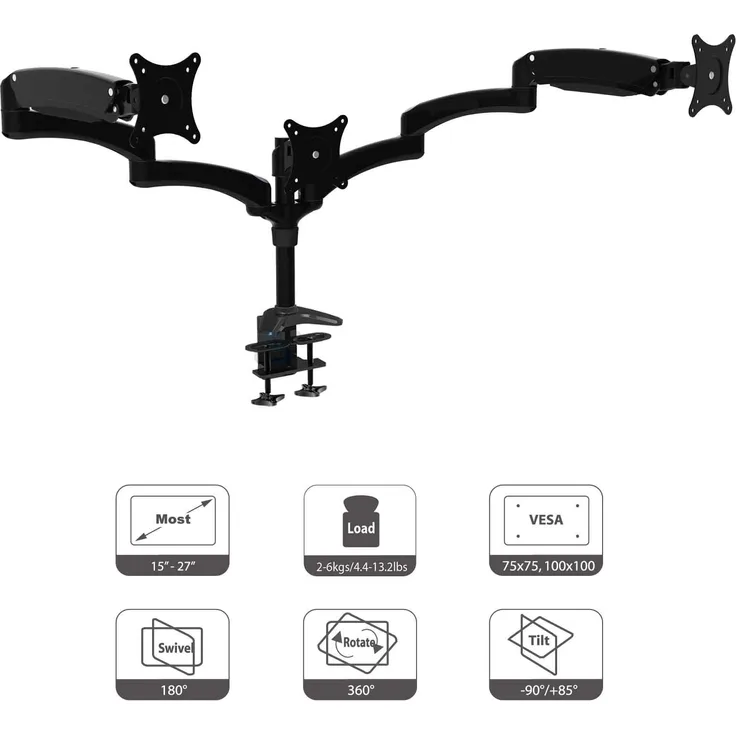 HFTEK DS137SB Monitorarm - Triple - Halterung Halter Tischhalterung für 3 Bildschirme von 15 27 Zoll mit VESA 75 / 100