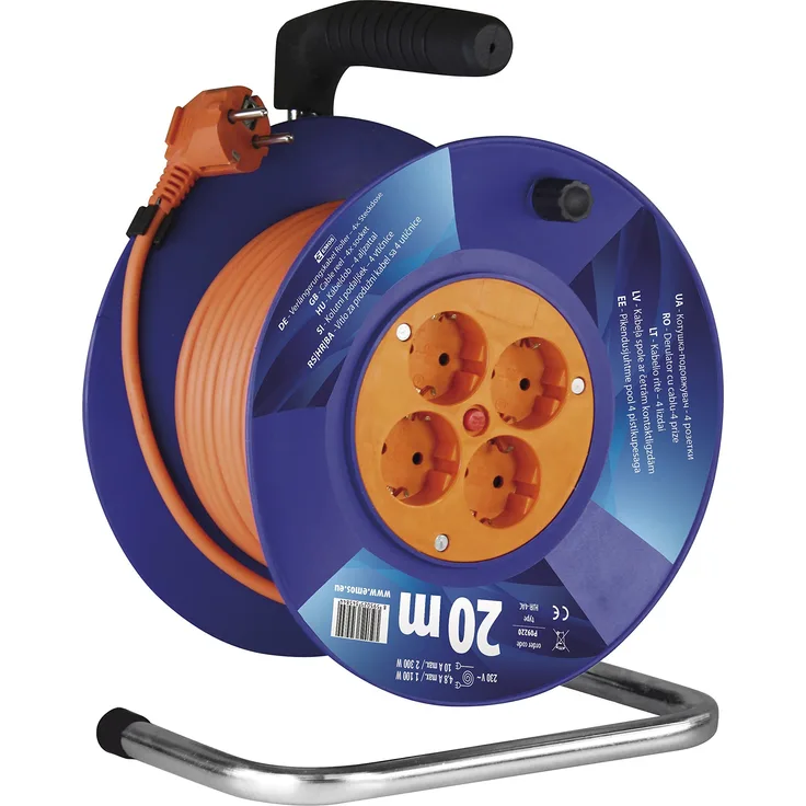 EMOS Kabeltrommel Schuko, 20m Kabel mit 1mm Querschnitt, 4 Steckdosen, Indoor Kabelrolle, Schutzklasse IP 20, 2300 W, 230 V