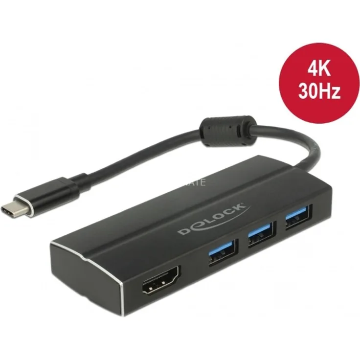 DeLOCK Adapter USB C 3.1 - 3x USB 3.0 A Hub + HDMI 4K, schwarz