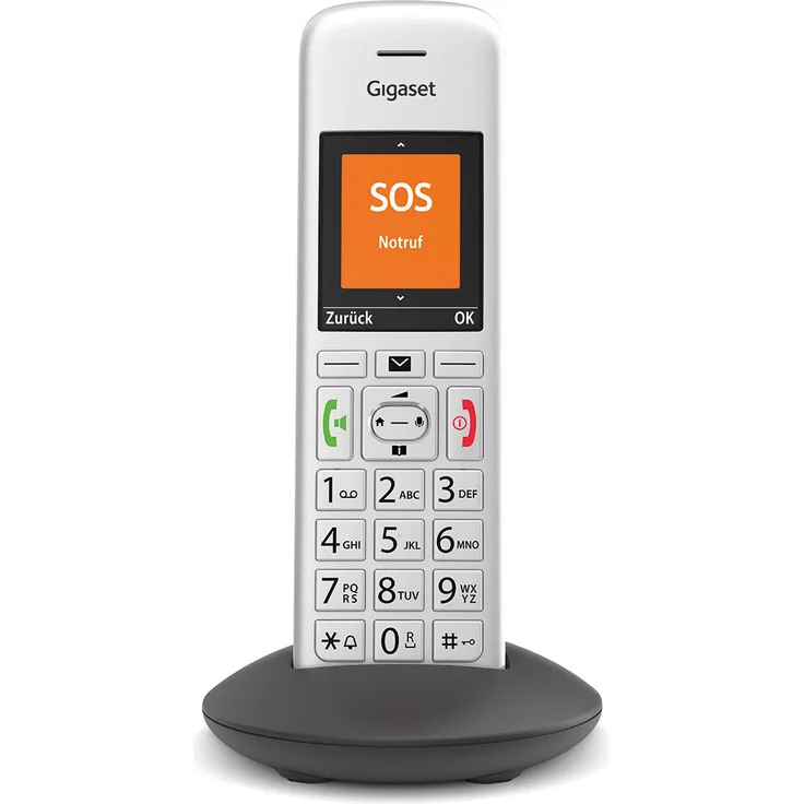 Gigaset E390HX schnurloses Senioren DECT Universalmobilteil für den drahtlosen Betrieb an Routern, sichere Bedienung dank großer Tasten, SOS-Funktion und großes Farbdisplay, VoIP-Telefon, schwarz, silber