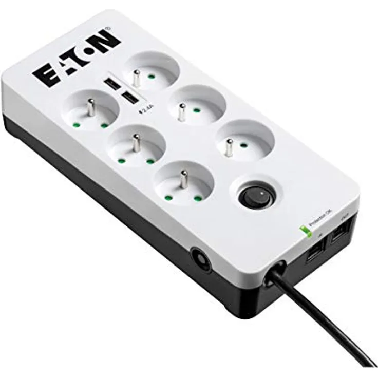 Steckdosenleiste-Überspannungsschutz – Eaton Protection Box 6 Tel USB FR – PB6TUF – 6 französische Steckdosen + 1 Telefonbuchse + 2 USB-Ports – Weiß & Schwarz