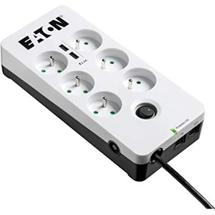 Steckdosenleiste-Überspannungsschutz – Eaton Protection Box 6 Tel USB FR – PB6TUF – 6 französische Steckdosen + 1 Telefonbuchse + 2 USB-Ports – Weiß & Schwarz