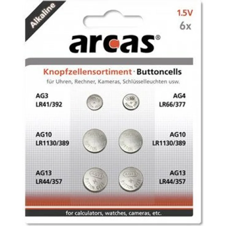 Arcas 12750600 Alkaline Knopfzellensortiment, 6 teilig chrom